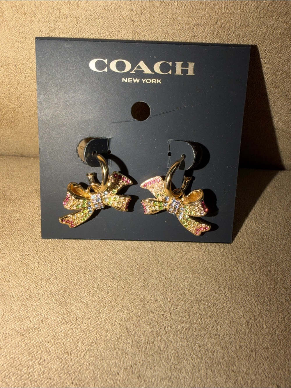 COACH Gold Bow Hoop Earrings with Multicolor Crystals